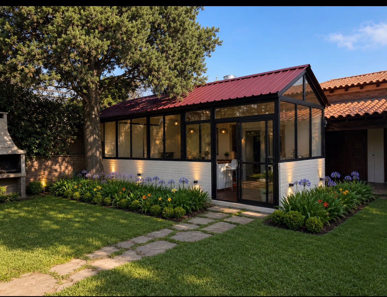 Render del comedor vidriado de El Olivo junto al jardín