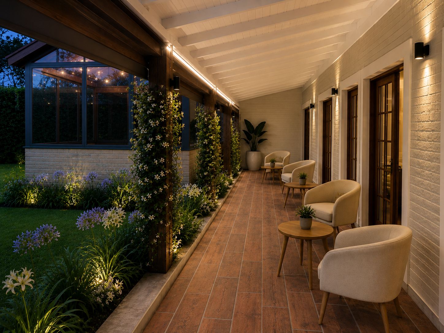 Render de la galería con sillones junto al parque