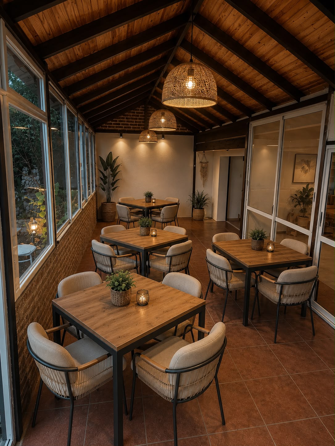 Render de una galería luminosa con mesas y vistas al jardín